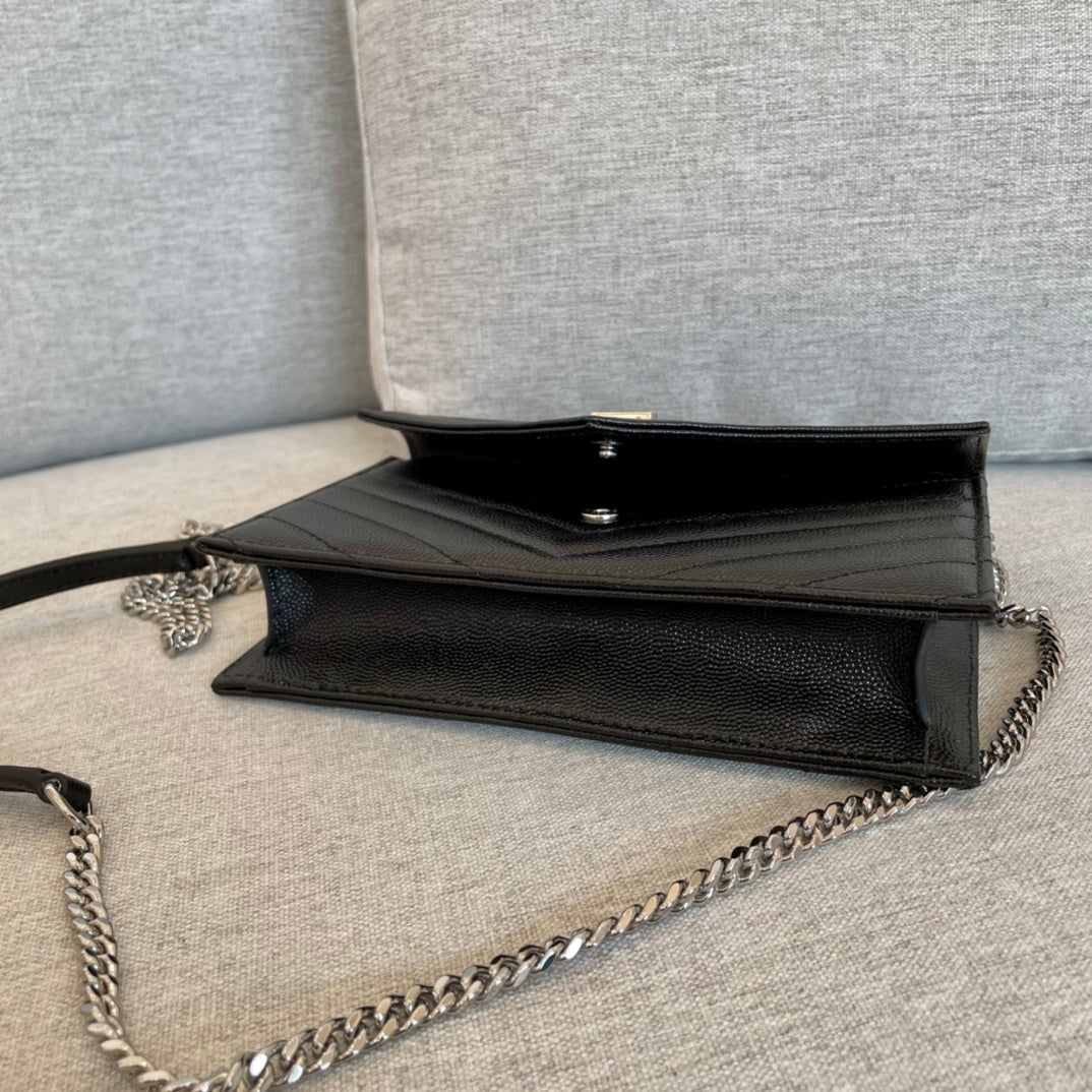 YSL Cassandre Envelope Chain Wallet Black Grain Leather 19x11.5x4 cm