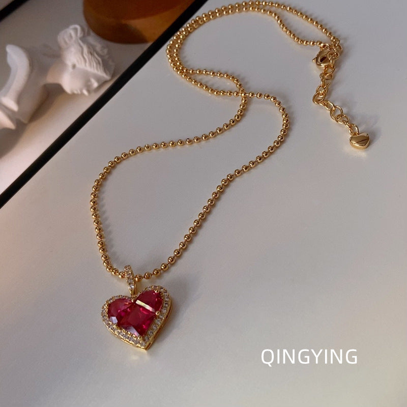 Ġiżirana tal-Pendent tal-Qalb Aħmar Franċiż Franċiż - Glamour Dainty b'Aċċessorji Rhinestones Sħiħ