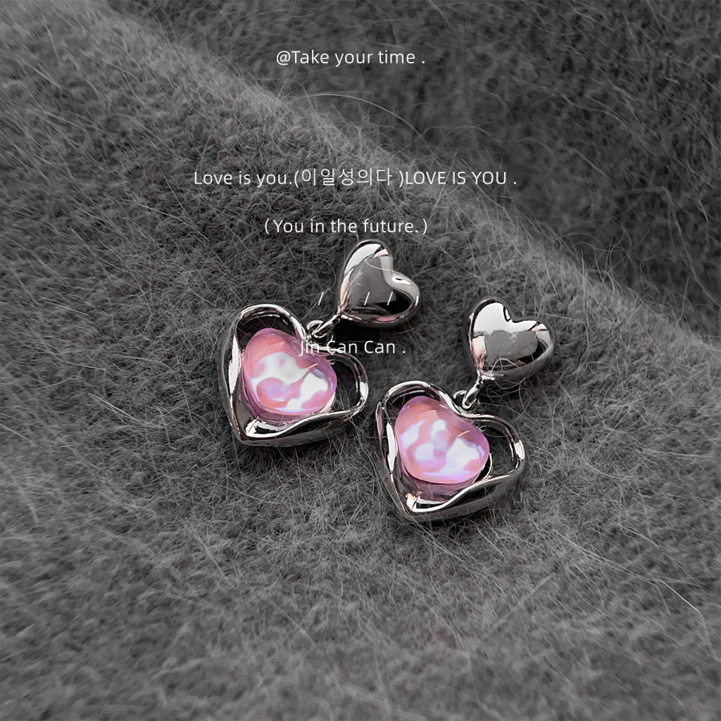 Iriserende roze hart drop -oorbellen - Franse zoete chic met edgy twist -accessoires