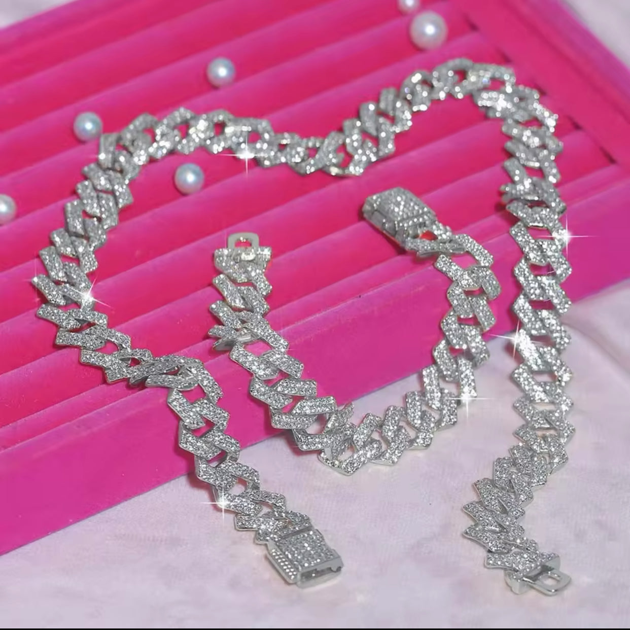 Iced out exquisite Silver Necklace Bracelet Set