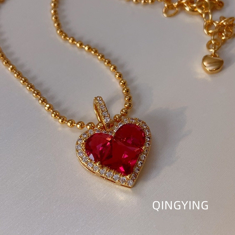 Ġiżirana tal-Pendent tal-Qalb Aħmar Franċiż Franċiż - Glamour Dainty b'Aċċessorji Rhinestones Sħiħ