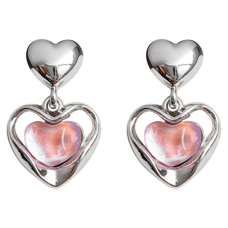 Iriserende roze hart drop -oorbellen - Franse zoete chic met edgy twist -accessoires