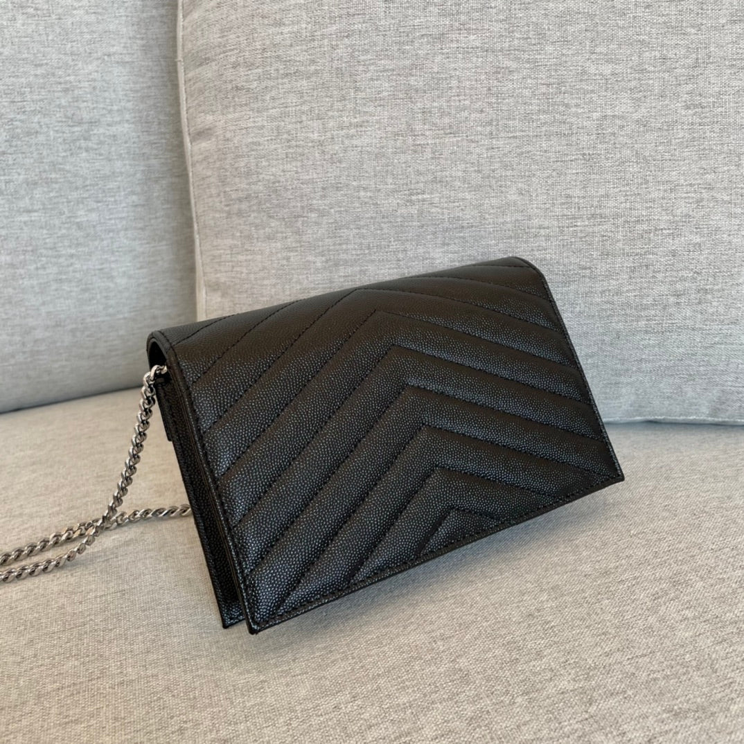 YSL Cassandre Envelope Chain Wallet Black Grain Leather 19x11.5x4 cm