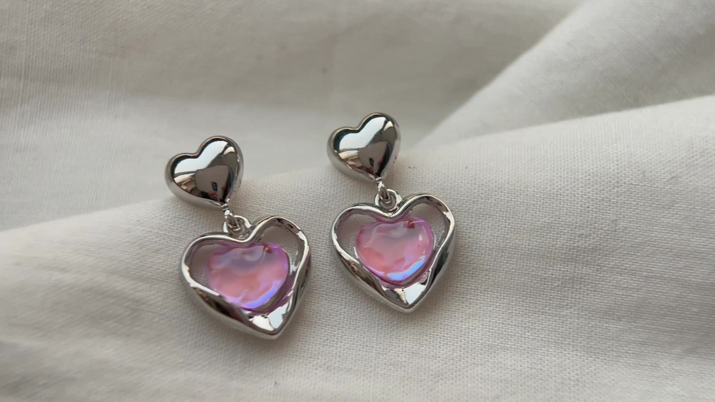 Iriserende roze hart drop -oorbellen - Franse zoete chic met edgy twist -accessoires