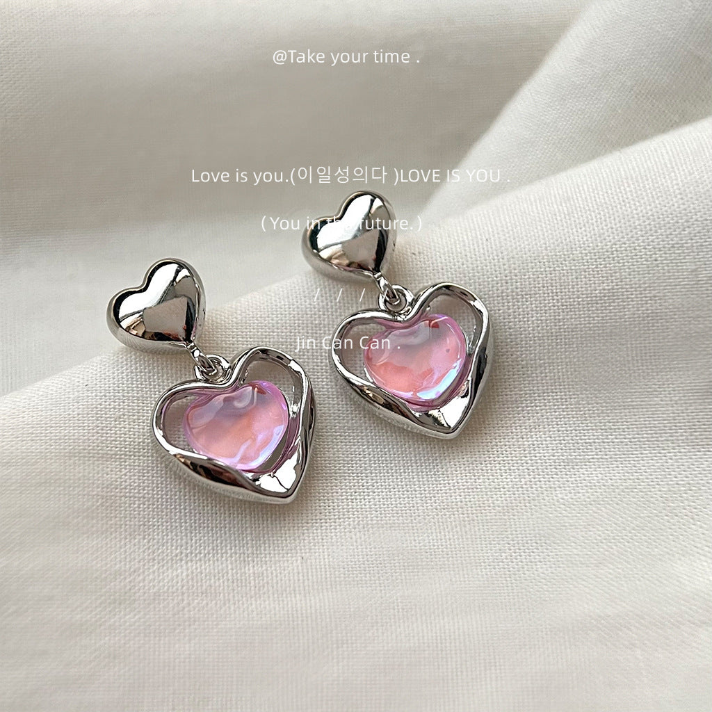 Iriserende roze hart drop -oorbellen - Franse zoete chic met edgy twist -accessoires