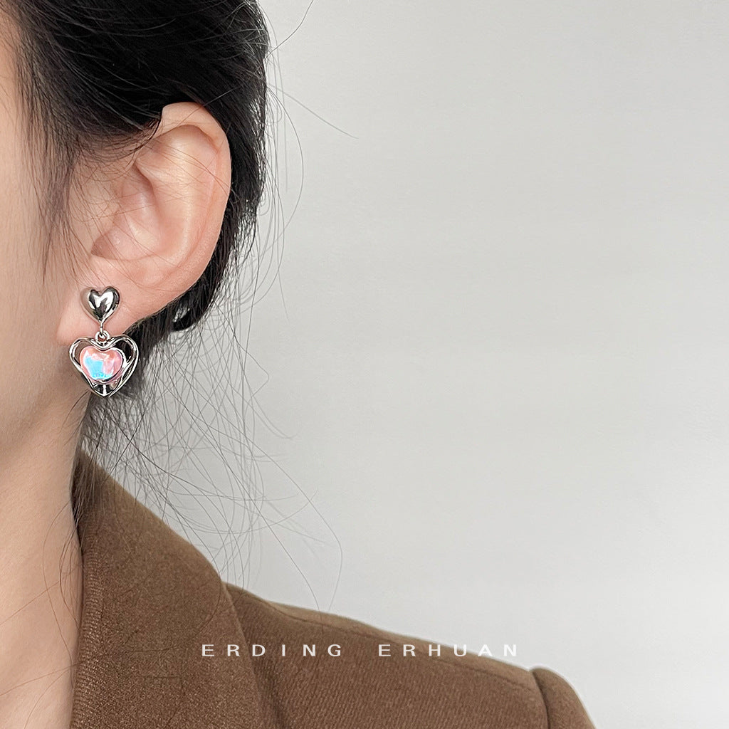 Iriserende roze hart drop -oorbellen - Franse zoete chic met edgy twist -accessoires