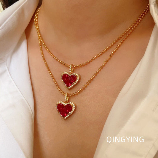 Ġiżirana tal-Pendent tal-Qalb Aħmar Franċiż Franċiż - Glamour Dainty b'Aċċessorji Rhinestones Sħiħ