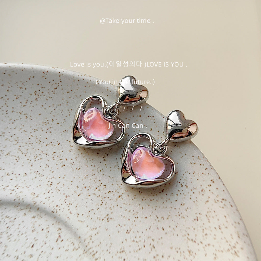 Iriserende roze hart drop -oorbellen - Franse zoete chic met edgy twist -accessoires