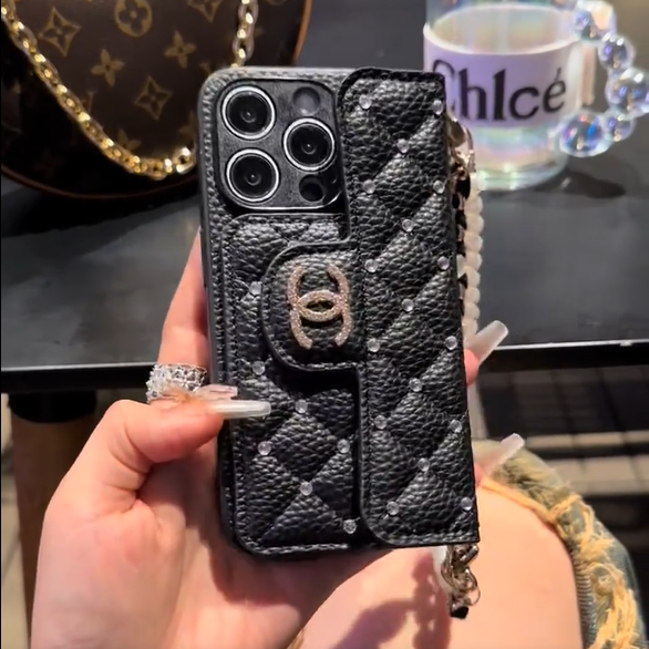Luxury Wallet iPhone Case with Handle/Pearl Chain