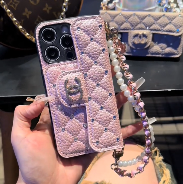 Luxury Wallet iPhone Case with Handle/Pearl Chain