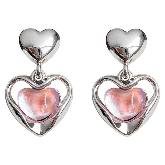 Iridescent Pink Heart Drop Earrings - Francouzský sladký elegantní s nervózními doplňky