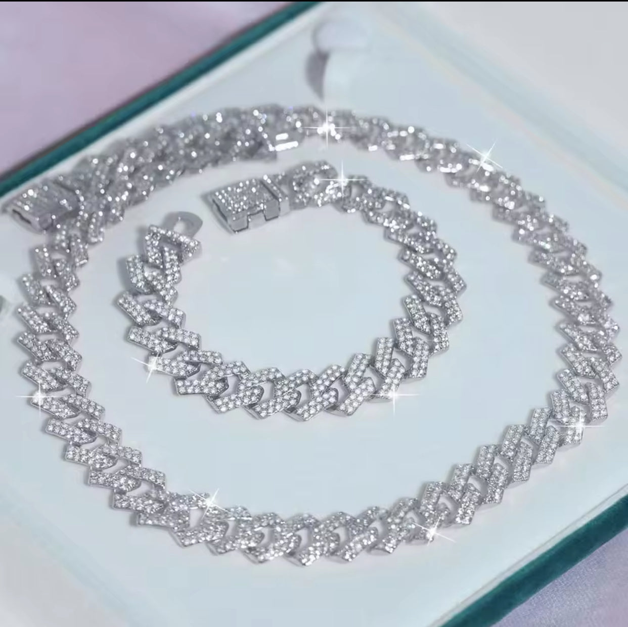 Iced out exquisite Silver Necklace Bracelet Set
