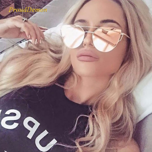 CAT Eye Vintage Brand Designer Rose Gold Mirror Aurinkolasit naisille metalli heijastava litteä linssi aurinkolasit naispuoliset okulat